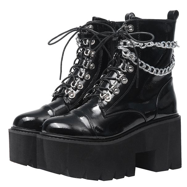 Women's Punk Style Chunky Heel Ankle Boots With Metal Chains, Waterproof & Slip-Resistant, Round Toe Platform Boots Patent Leather_vogvips.com