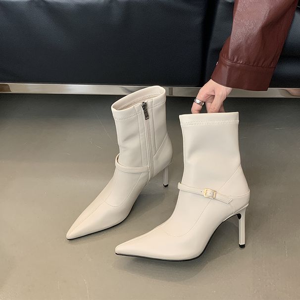2025 Autumn Winter Short Elegant Pointed Toe Thin Patent Stretch Slim Boots For Women Commuting High Heel Side Zipper_vogvips.com