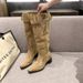 Women's Over-the-Knee Long 2025 Spring Summer New Thick Heel Slimming Pointed Toe Belt Buckle Pleated Slouch Boots_vogvips.com