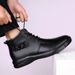 Sewing Line Flat Heel Casual Men's Black Martin Boots Front, Solid Color Shoes_vogvips.com