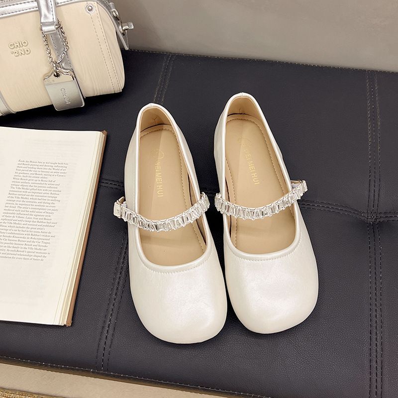 French Rhinestone Silver Mary Jane Single Shoes Women's Autumn Small Leather Shoes With Skirt Thick Heel Evening Shoes_vogvips.com