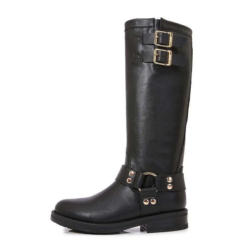 Genuine Leather Boots Round Head Belt Buckle High Boots Thick Heel Fashion Knight Women's Boots_vogvips.com