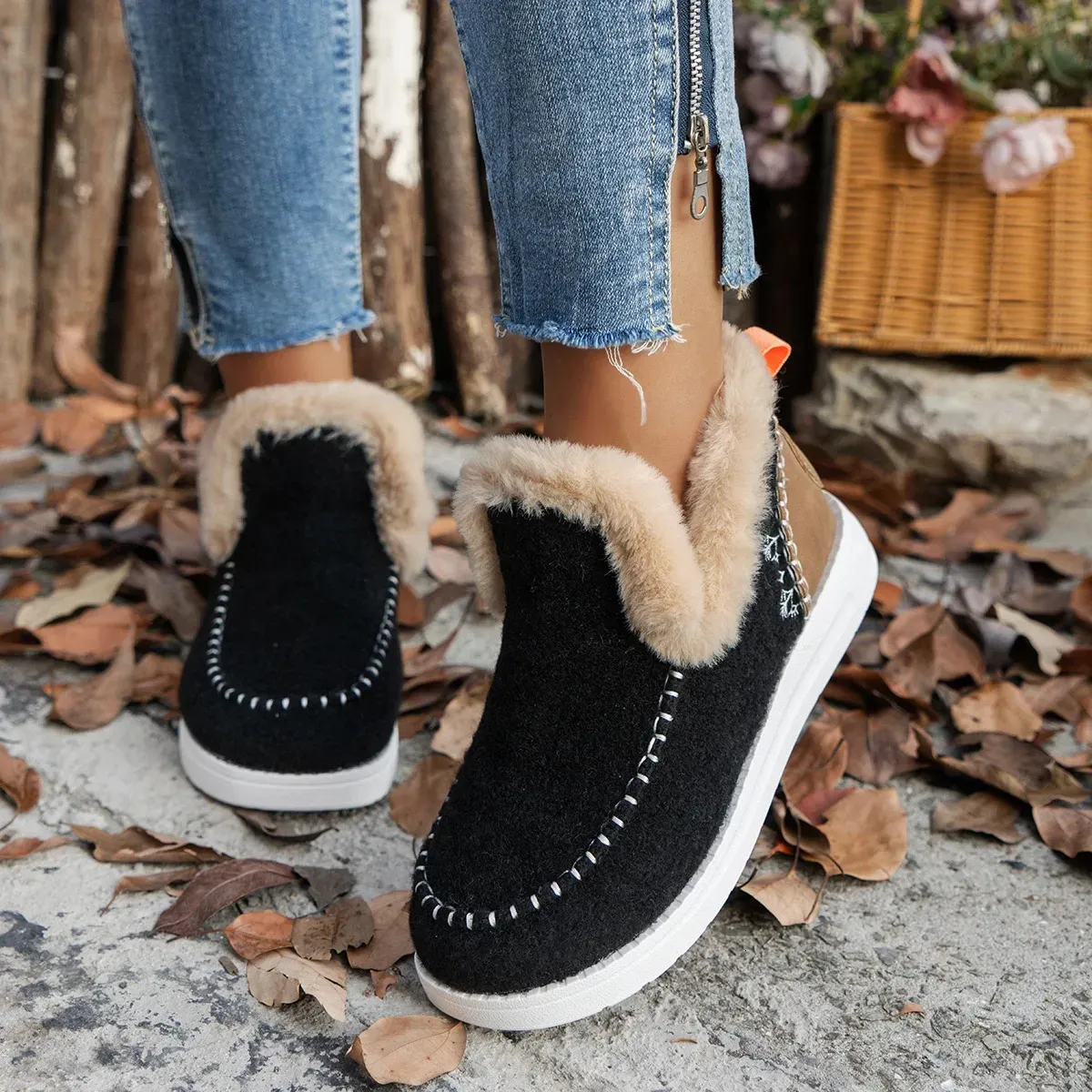 Winter Round Head Plush Comfortable Warm Short Tube Flat Bottom Large Womens Boots Size 36-43 241113_vogvips.com