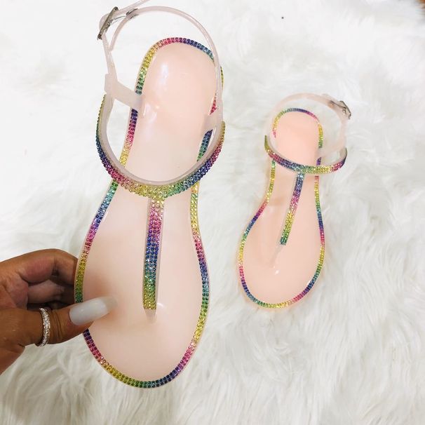 Glamorous Rhinestone Jelly Sandals For Women – Comfortable & Stylish T-Strap Flat Sandals With Crystal Accents, Available In Plus Sizes_vogvips.com