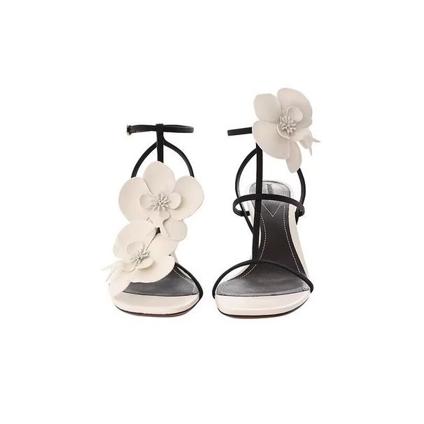 High-end Design White Flower Open-toe Sandals For Women Fairy Style One-strap High Heels Thin Heel Square Toe Women's_vogvips.com