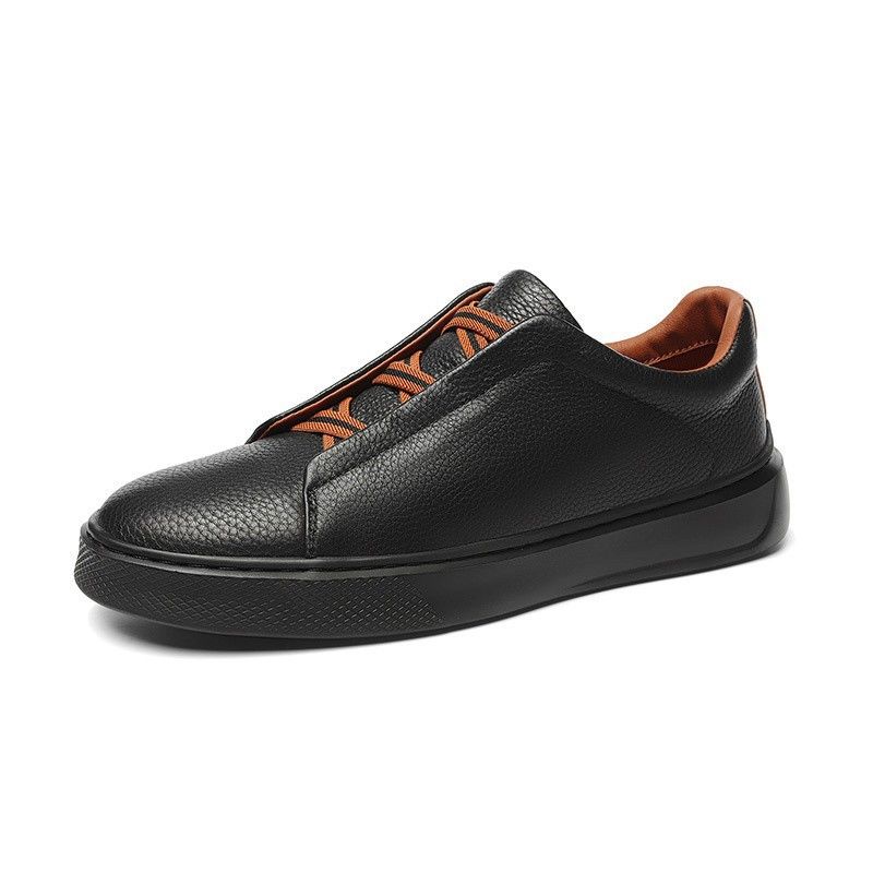 Leather Board Shoes One Pedal Lazy Casual Board Shoes Irst Layer Cowhide Men's Elastic Band White Shoes_vogvips.com