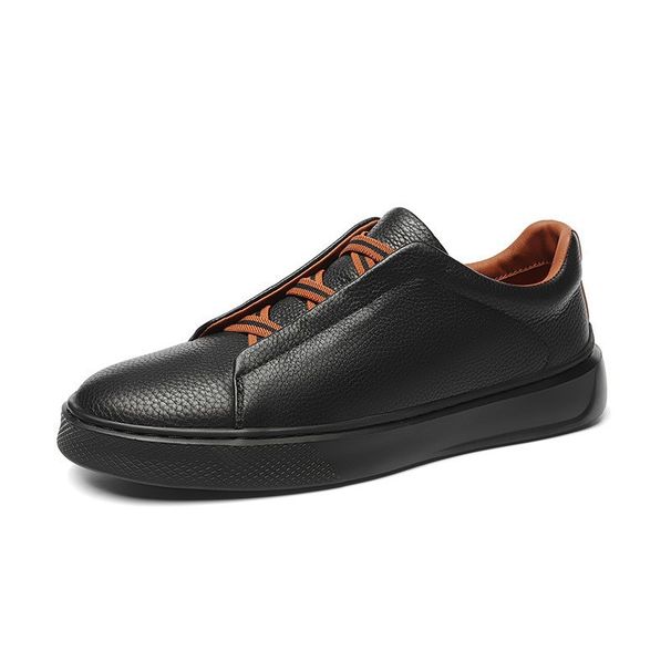 Leather Board Shoes One Pedal Lazy Casual Board Shoes Irst Layer Cowhide Men's Elastic Band White Shoes_vogvips.com
