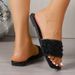Women's Black Beaded Flat Slide Sandals 2026 Summer Square Toe Slip On Slippers Plus Size 43 Party Dress Shoes_vogvips.com