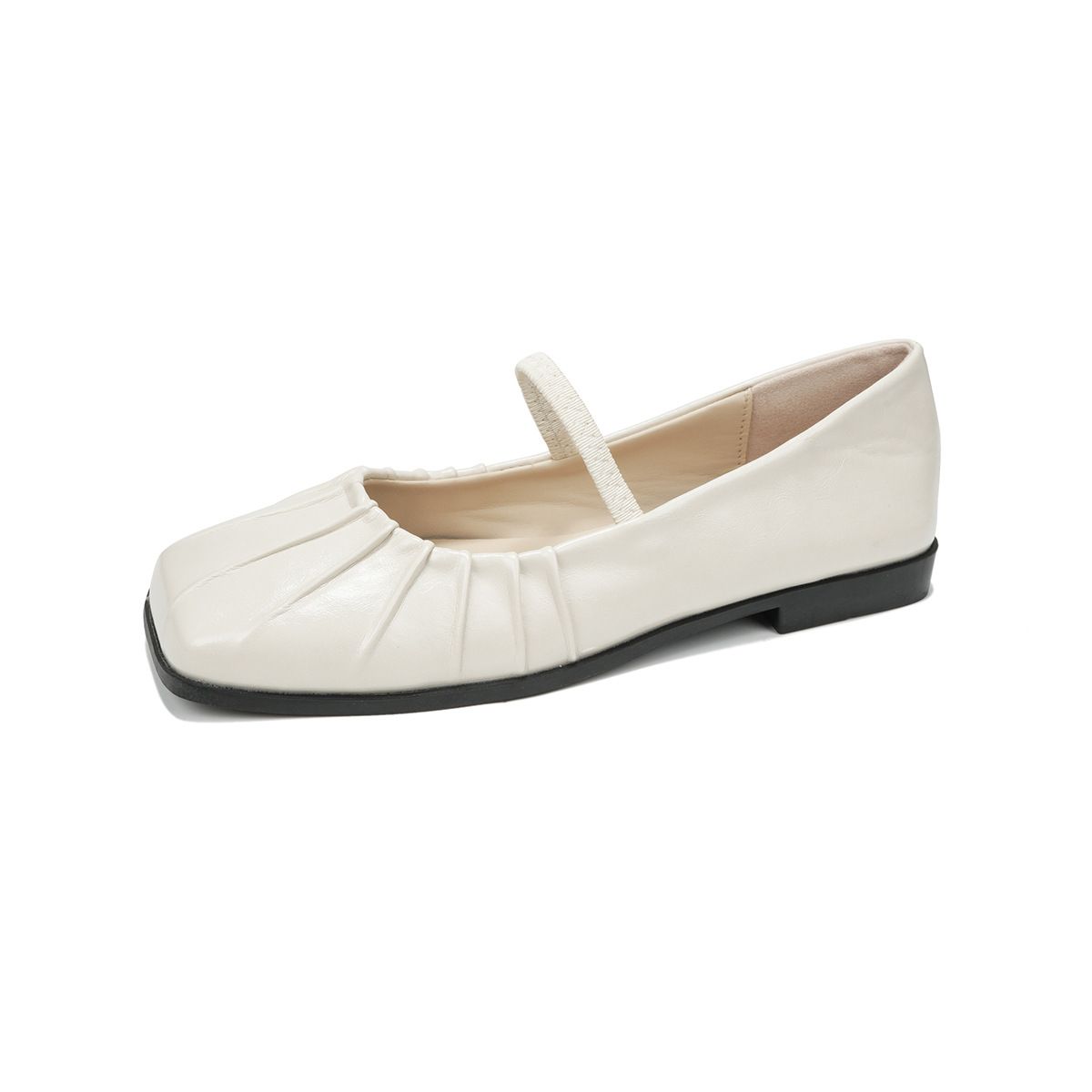 One-word Mary Jane Shoes French Flat-soled Shallow-mouth Single Shoes Women's Head Pleated Ballet Shoes_vogvips.com