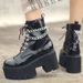 Women's Punk Style Chunky Heel Ankle Boots With Metal Chains, Waterproof & Slip-Resistant, Round Toe Platform Boots Patent Leather_vogvips.com