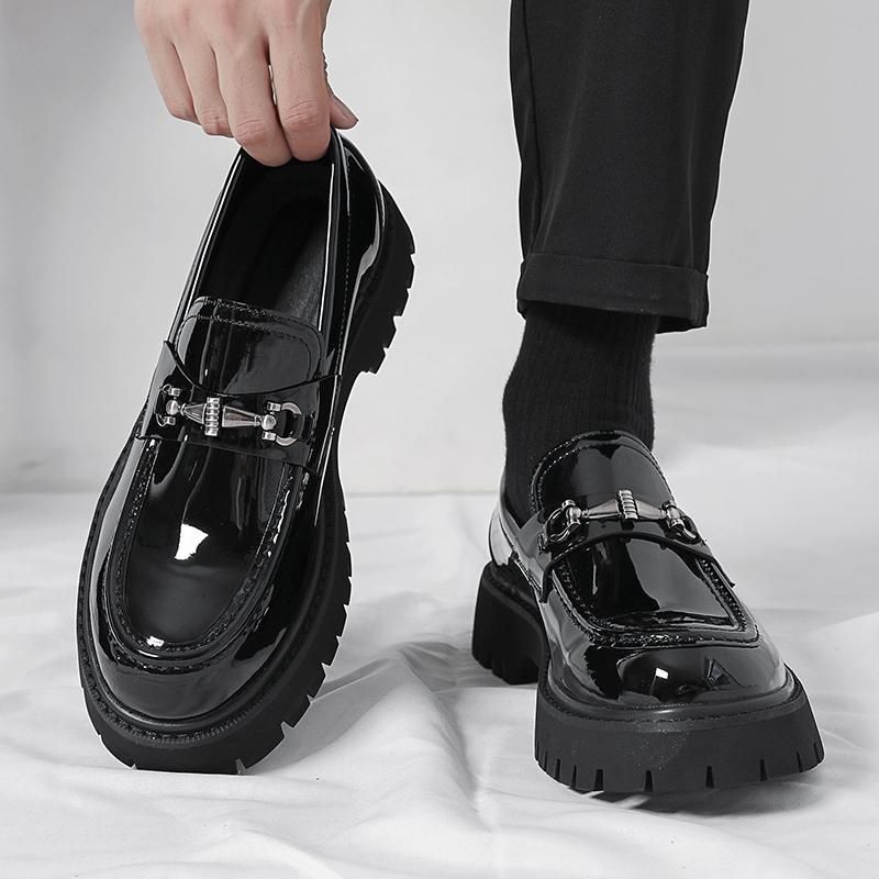 Euro Step 2025 New Thick-Soled Height-Increasing Men's Large Patent Leather Glossy Casual Chunky Heel Loafers Hairstylist Trendy_vogvips.com