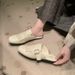 Women's Retro Leather Buckle Slip-On Mule Half Slippers Tassel Carved Sheepskin Closed Toe Versatile And Easy To Wear_vogvips.com