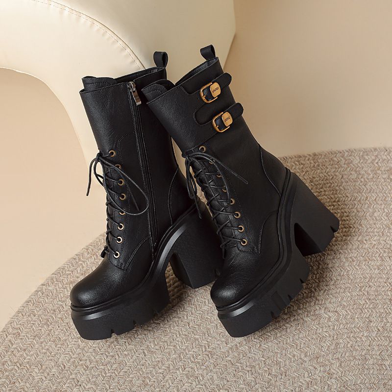 12cm Ultra High Thick Sole Genuine Leather Mid-Calf Autumn Winter Short For Petite Women, Height Increasing Trendy_vogvips.com