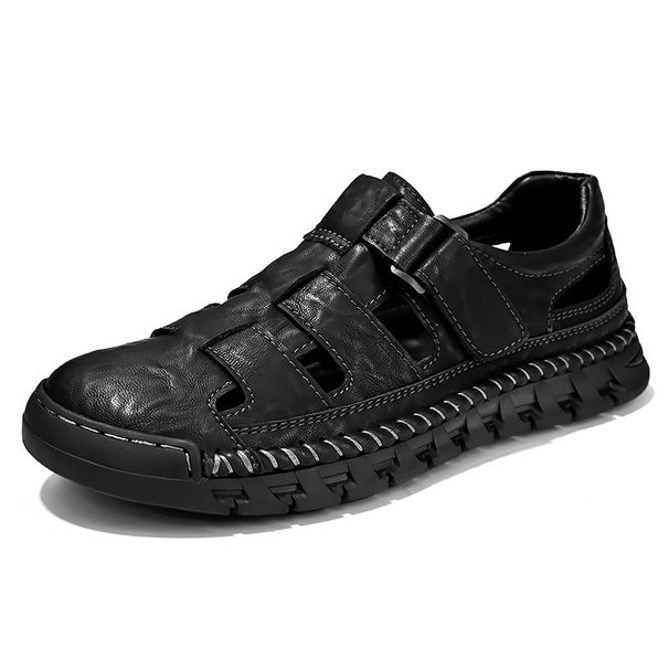 Men's Beach Shoes Summer Breathable Hollow-Out Leather Shoes, Men's Soft Sole Non-Slip Closed-Toe Casual Sandals, Hole S_vogvips.com