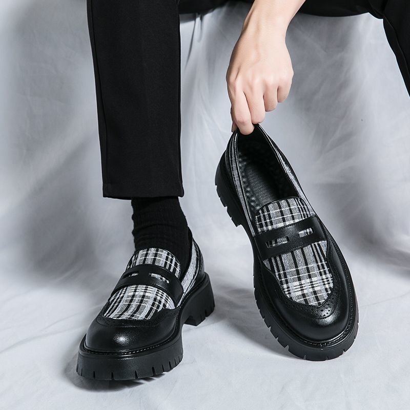 Loafers, Brogue Carved Trendy Thick-soled Height-increasing Slip-ons, Business Casual Large-toe Leather Shoes, Men's_vogvips.com