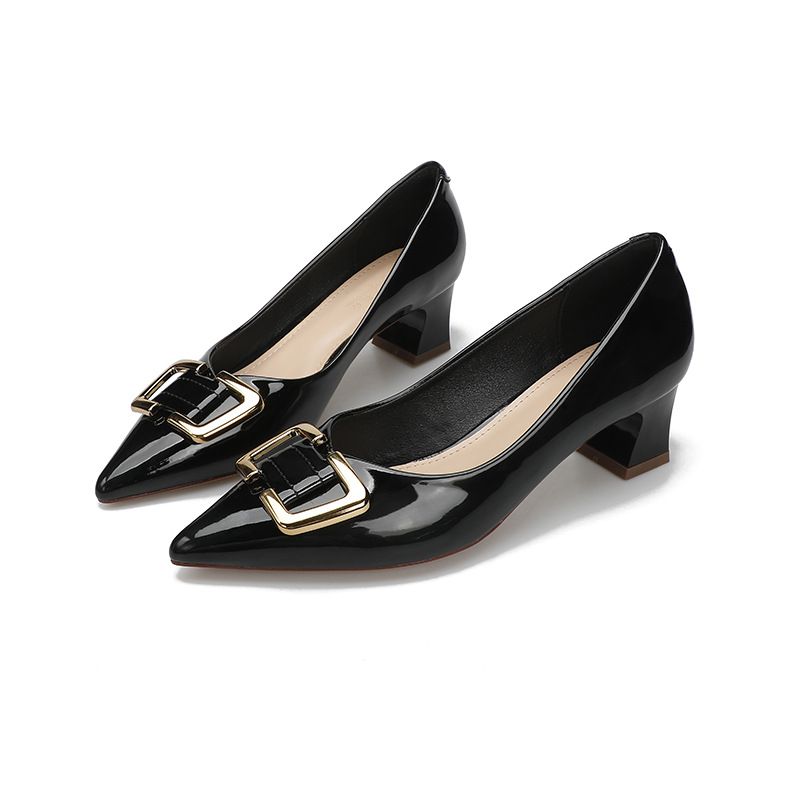 2025 Spring New Mid-Heel Women's Single Thick Heel High Heels Patent Leather Red Wedding Pointed Toe Shallow Mouth_vogvips.com