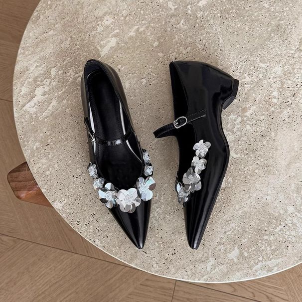 Sheepskin Version Thick Soled Flower Sequined One Strap Shoes For Women Temperament Inner Heightening Pointed Toe Single Shoes_vogvips.com
