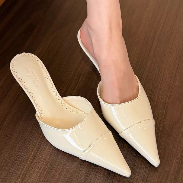 Splicing Pointed Heel Mueller Sandals Spring And Summer New Patent Leather Light Mouth High Heel Celebrity Bag Head Half Slippers_vogvips.com