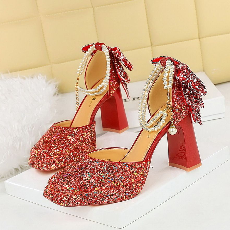Sequined Square Head High Heels Thick Heel Waterproof Back Bow Pearl One-button Sandals Wedding Shoes_vogvips.com