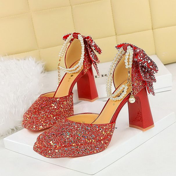 Sequined Square Head High Heels Thick Heel Waterproof Back Bow Pearl One-button Sandals Wedding Shoes_vogvips.com