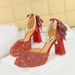 Sequined Square Head High Heels Thick Heel Waterproof Back Bow Pearl One-button Sandals Wedding Shoes_vogvips.com