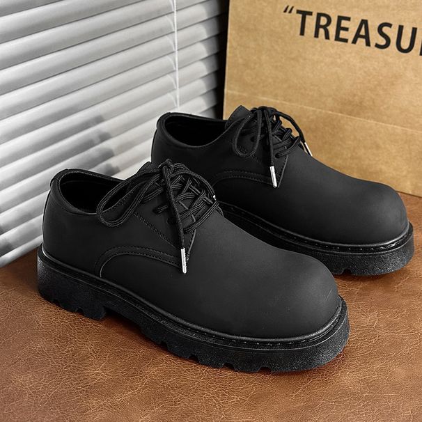 Men's Derby Shoes Chunky Sole Low-Cut Leather Casual Shoes For Youth - Breathable & Waterproof PU Upper, Rubber Sole (Black, Sizes 39-44)_vogvips.com