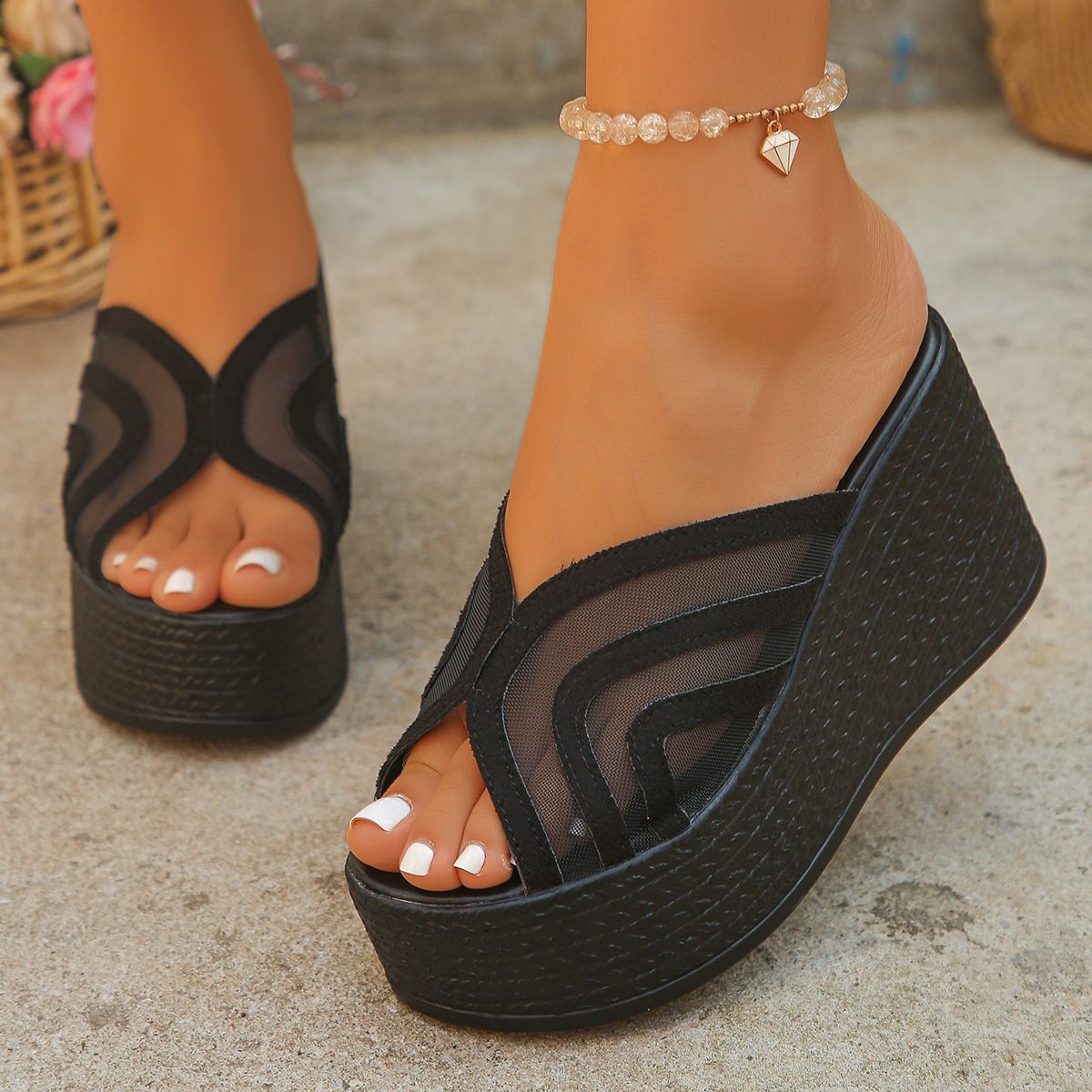 plus Size Women's Peep Toe Wedge Sandals Summer Thick Sole Breathable Mesh European American Style Slippers_vogvips.com
