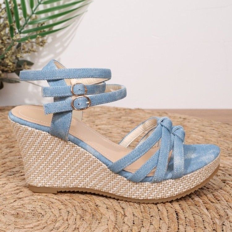 Summer Women's Plus Size Wedge Sandals Fashion Platform High Heel European American Style Straw Denim_vogvips.com