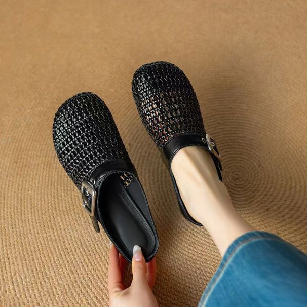 Soft Leather Closed-Toe Half-Slip For Women 2025 Summer New Hollow Out Internet Celebrity Flat Hole Outdoor Casual Slippers_vogvips.com