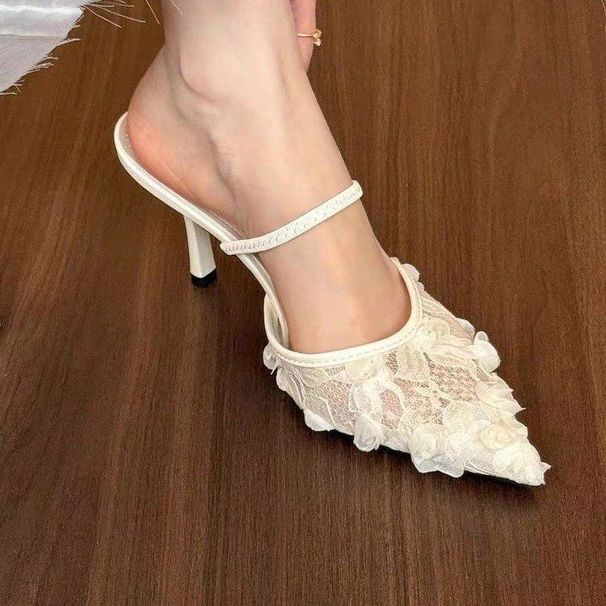 French-style Petal-covered Mules Women, 2025 Summer New Korean Version Versatile Pointed-toe Stiletto High-heeled Shoes_vogvips.com