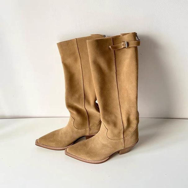 Cowhide Version~ Genuine Leather Pointed Toe Plus Size Long High Tube Riding For Women Chunky Heel Over-the-Knee Slouch_vogvips.com