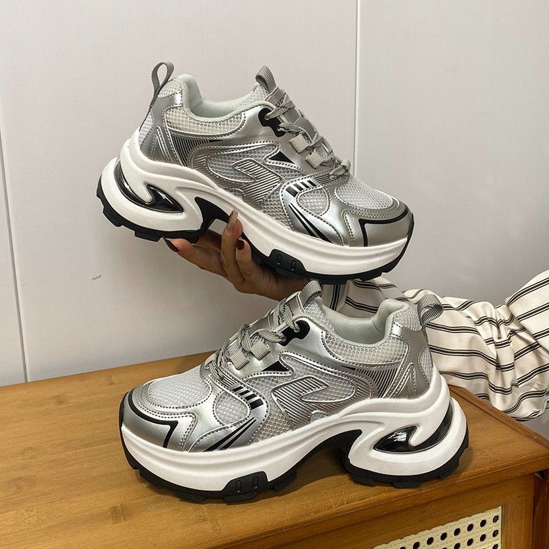 Hot Silver Dad Shoes For Women R New Versatile Small Height Enhancing Thick Soled Casual Breathable Sports Shoes_vogvips.com