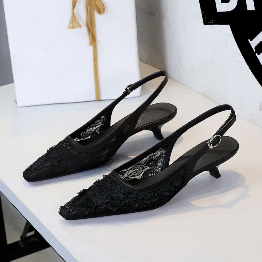 Lace Mesh Fine Heel Low Heel Single Shoes Women's One-word Buckle Strap Bag Head Hollow Pointed Women's Shoes_vogvips.com