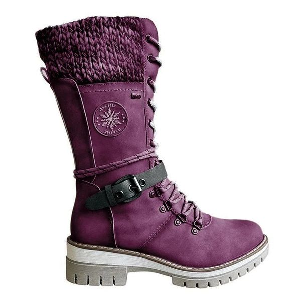 Women's Fleece Lined Belt Buckle Mid Calf Boots Round Toe Slimming Knitted Riding Boots Winter New Style Plus Size_vogvips.com
