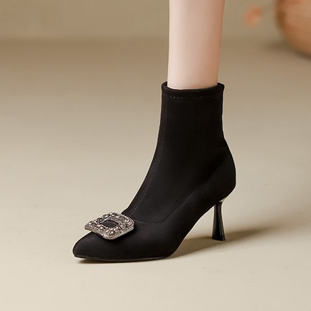 Square Buckle Rhinestone Pointed Toe High Ankle For Women 2024 Autumn Winter New Thin Heel Black Suede Stretch Slim Sock_vogvips.com