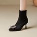 Square Buckle Rhinestone Pointed Toe High Ankle For Women 2024 Autumn Winter New Thin Heel Black Suede Stretch Slim Sock_vogvips.com
