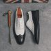 Leather business formal wear double color matching brogue carved pointed toe lace-up men's leather shoes_vogvips.com