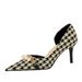 8829-A1 Korean Style High Heel Shallow Mouth Pointed Toe Side Hollow Fabric Plaid Pearl Metal Chain Houndstooth Single_vogvips.com