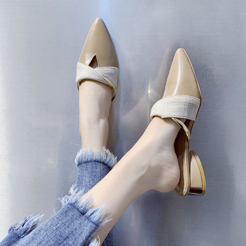 Elegant Pointed Toe mid Heel Women's Slippers Chunky Metallic Heel plus Size Closed Toe Half Slippers for Autumn_vogvips.com