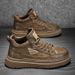 Men's Casual Leather Sneakers - Waterproof Slip-Resistant Soft Sole Oxford Shoes For Autumn & Spring (Khaki/Black)_vogvips.com