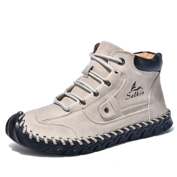 Plus-Size Men's Color-Blocked Leather Boots Men's Fashion Handmade Stitched Ankle Boots Flat Lace-Up Casual_vogvips.com