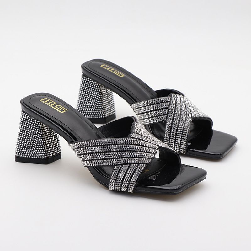 Women's Summer Sandals - Fashionable High Heel Open Toe Slippers With Rhinestones, Comfortable Wide Fit, Square Toe, Black/Gold/Pink_vogvips.com