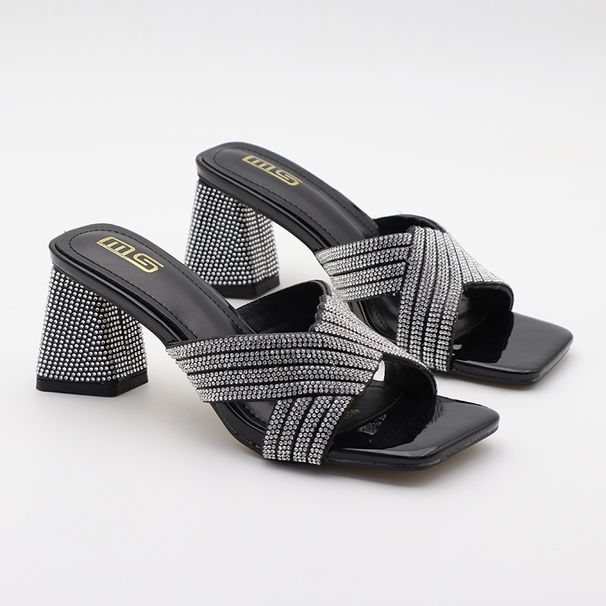 Women's Summer Sandals - Fashionable High Heel Open Toe Slippers With Rhinestones, Comfortable Wide Fit, Square Toe, Black/Gold/Pink_vogvips.com
