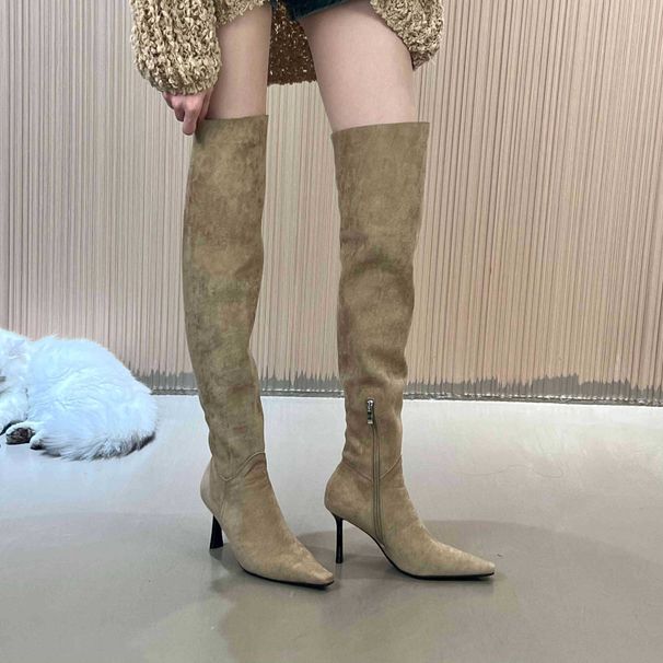Women's Stretch Suede High Heel Over The Knee Boots - Pointed Toe Stiletto Booties For Fall Winter Spring French Style Stretch Boots, Ankle Boots_vogvips.com