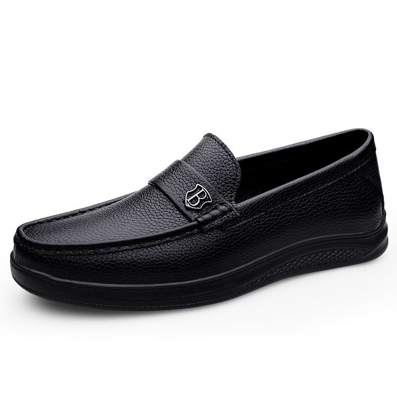 Douyin Doudou Shoes Men Spring Soft Sole Casual Leather Shoes Men Genuine Leather Middle-Aged And Elderly Black Slip-On_vogvips.com