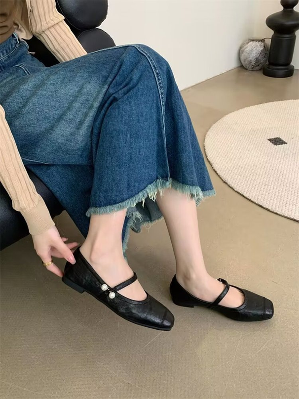 Retro Flat Simple Mary Jane Women, 2025 Autumn New Versatile Square-Toed Shallow Beaded Casual Shoes For Women_vogvips.com