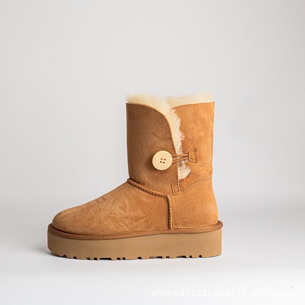 New Thick-soled Medium Tube Wooden Buckle Thickened Snow Boots Women's Winter Sheepskin Fur Integrated Warm Women's Shoes_vogvips.com