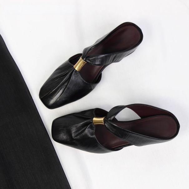 Women's Square Toe Soft Leather French Wedge Heel Sandals Pleated Chunky Heel Suitable for Outdoor Wear_vogvips.com