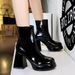 7992-1 Style Women's With Short Tube, Thick Heel, Super High Heels, Side Zipper, Round Toe, Shiny Surface, Patent_vogvips.com