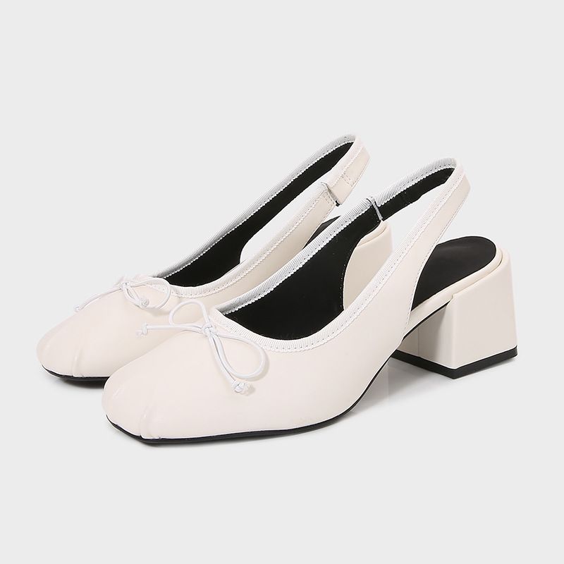 ZA2025 Spring New Women's Shoes White Open-Back Bowknot Decor Ballet High Heels Casual Square-Toe Mary Sandals_vogvips.com